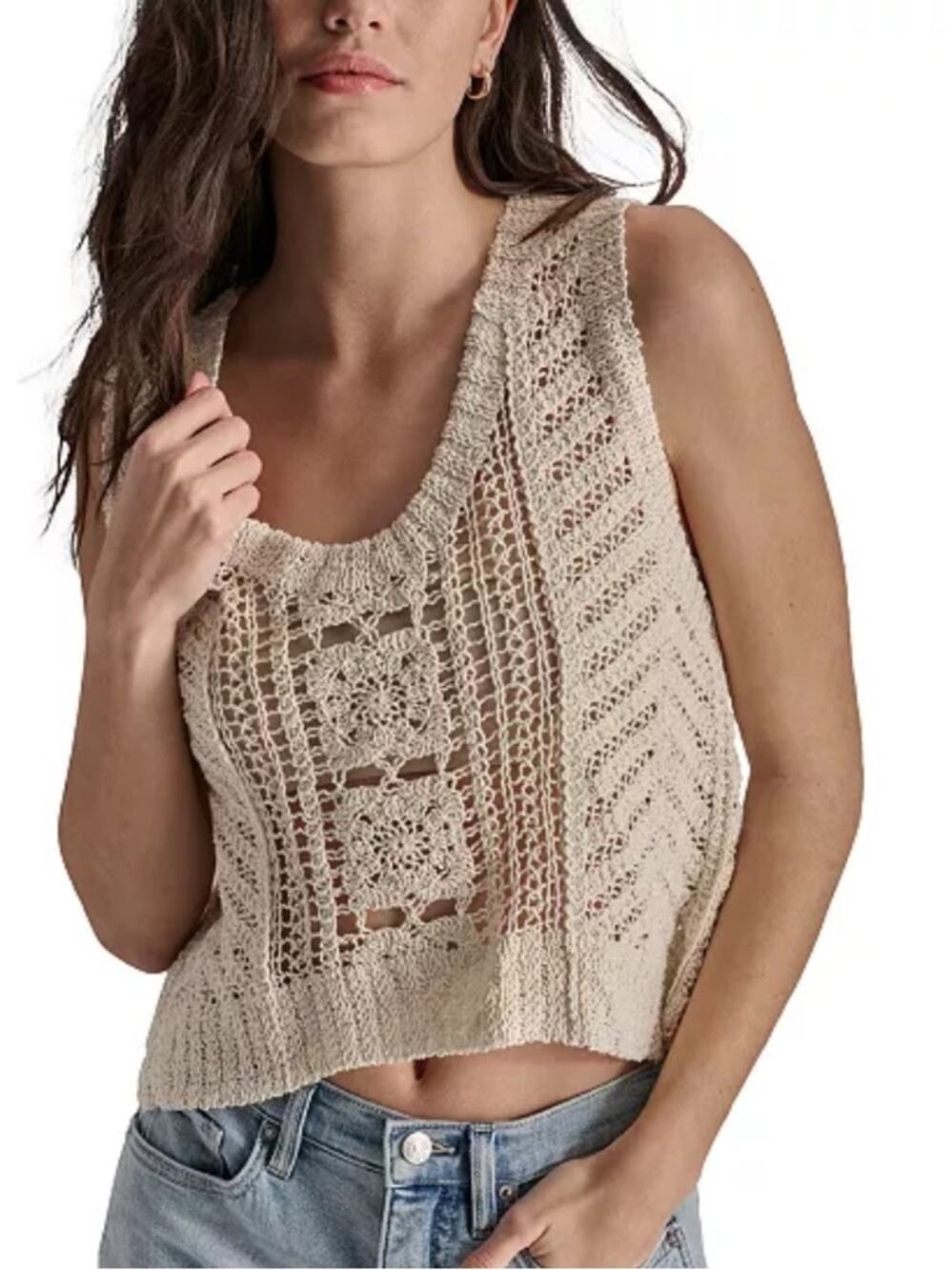 DKNY Crop Crochet Knit Tank Top Sweater Cream size XL Boho Festival